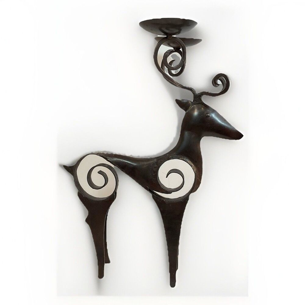 Wrought Iron Candle Holder Rustic Deer Reindeer Farmhouse Folk Art Cottage 19”T